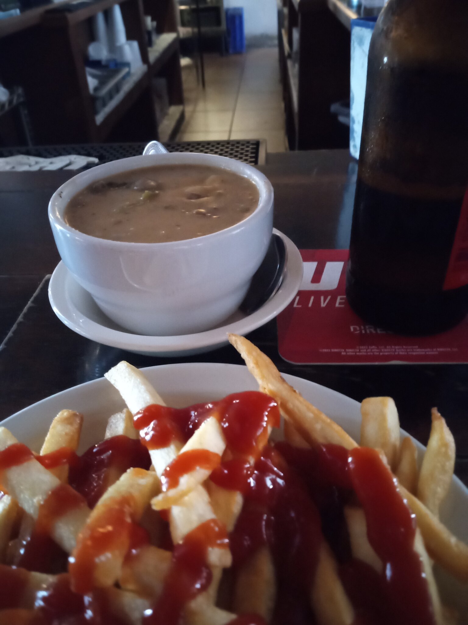 Philly cheese steak soup and beer and fries Food & Drink